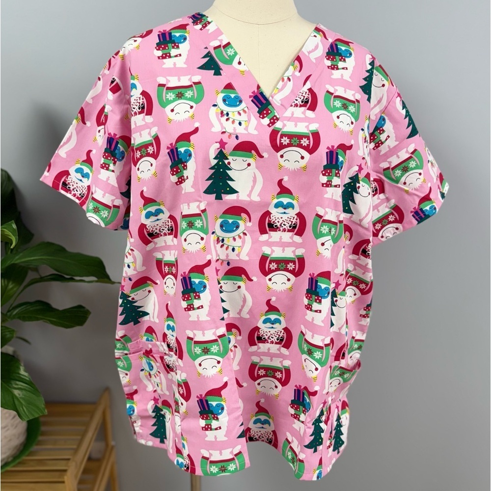 NWT Buttersoft Christmas Scrub Top 3X Pink Monster Yeti Snowman Holiday Scrubs